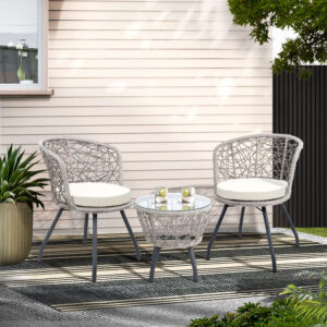 Gardeon 3PC Bistro Set Outdoor Furniture Rattan Table Chairs Patio Garden Cushion Grey