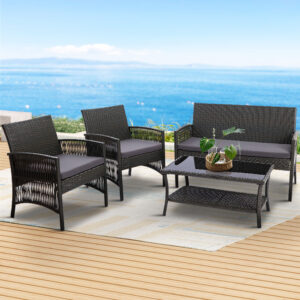 Gardeon 4PCS Outdoor Sofa Set Wicker Harp Chair Table Garden Furniture Grey